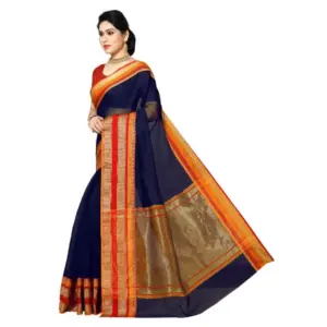 Women's Kota Doria Cotton Weaving Saree with Blouse – Navy Blue