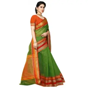 Women's Kota Doria Cotton Weaving Saree with Blouse – Green