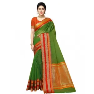 Women's Kota Doria Cotton Weaving Saree with Blouse – Green