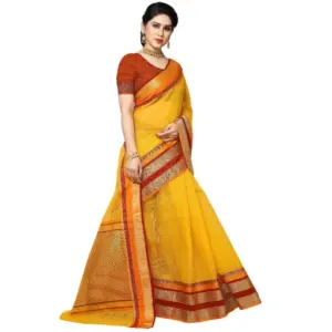 Women's Kota Doria Cotton Weaving Saree with Blouse – Yellow