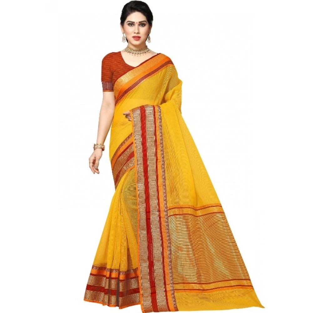 Women's Kota Doria Cotton Weaving Saree with Blouse – Yellow