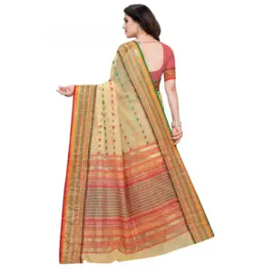 Women's Kota Doria Cotton Printed Saree with Blouse – Beige