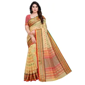 Women's Kota Doria Cotton Printed Saree with Blouse – Beige