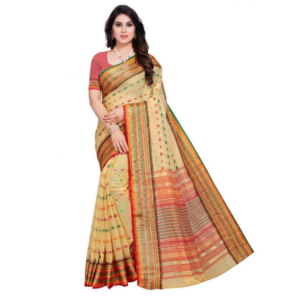 Women's Kota Doria Cotton Printed Saree with Blouse – Beige