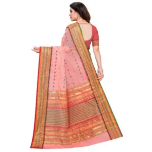 Women's Kota Doria Cotton Printed Saree with Blouse – Pink