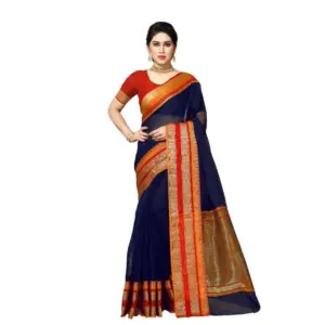 Women's Kota Doria Cotton Weaving Saree with Blouse – Navy Blue