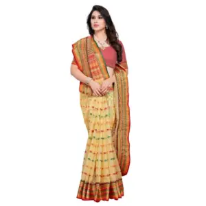 Women's Kota Doria Cotton Printed Saree with Blouse – Beige