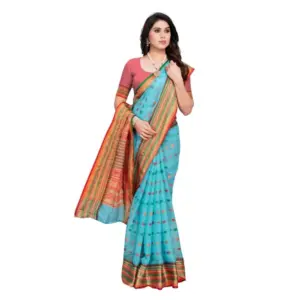 Women's Kota Doria Cotton Printed Saree with Blouse – Sky Blue