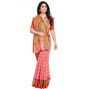 Women's Kota Doria Cotton Printed Saree with Blouse – Pink