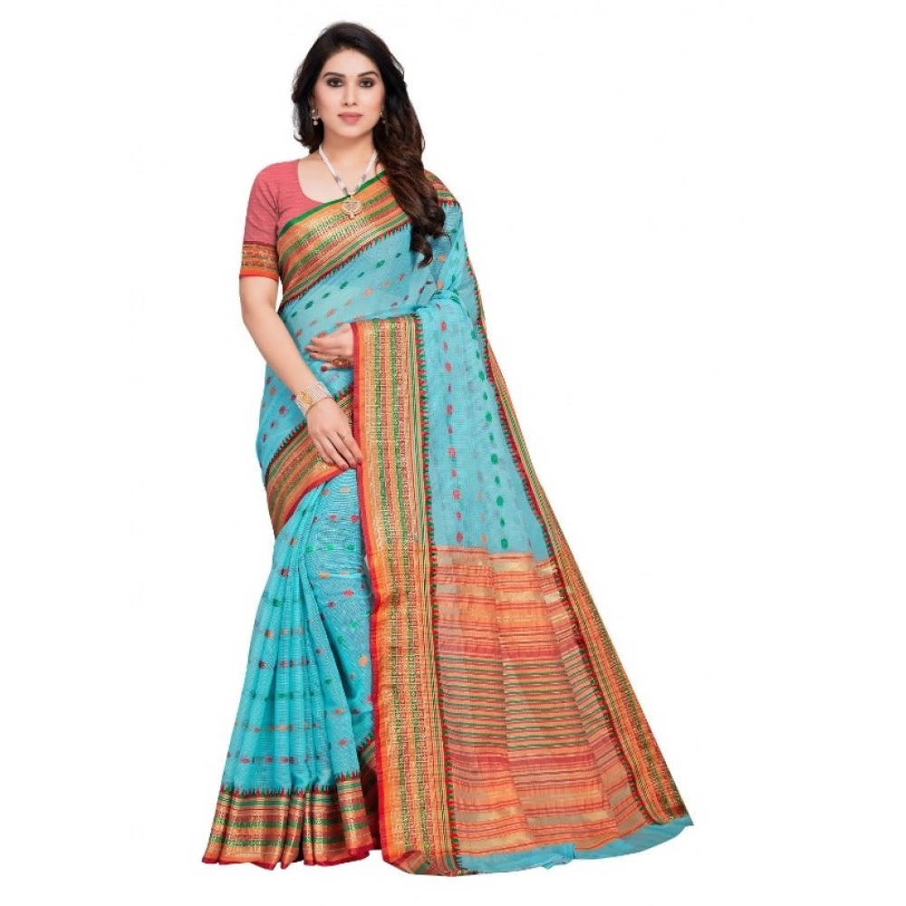 Women's Kota Doria Cotton Printed Saree with Blouse – Sky Blue