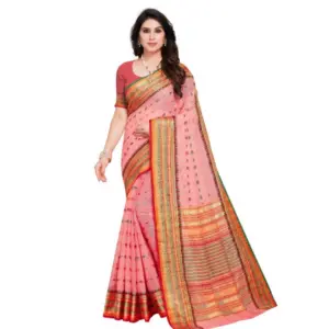 Women's Kota Doria Cotton Printed Saree with Blouse – Pink