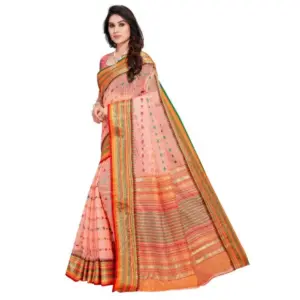 Women's Kota Doria Cotton Printed Saree with Blouse – Peach