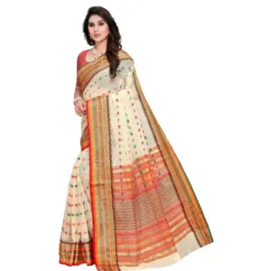 Women's Kota Doria Cotton Printed Saree with Blouse – Cream