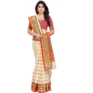 Women's Kota Doria Cotton Printed Saree with Blouse – Cream