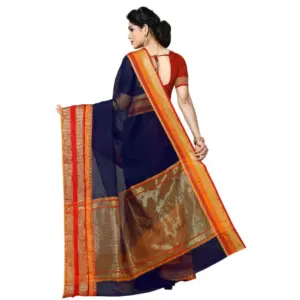 Women's Kota Doria Cotton Weaving Saree with Blouse – Navy Blue