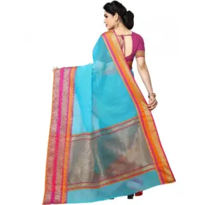 Women's Kota Doria Cotton Weaving Saree with Blouse – Sky Blue