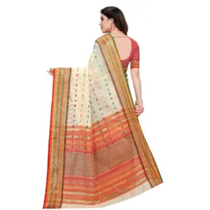 Women's Kota Doria Cotton Printed Saree with Blouse – Cream