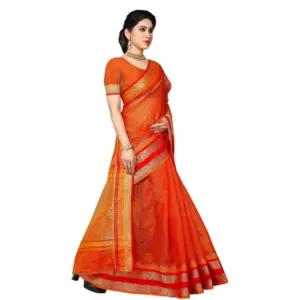Women's Kota Doria Cotton Weaving Saree with Blouse – Orange