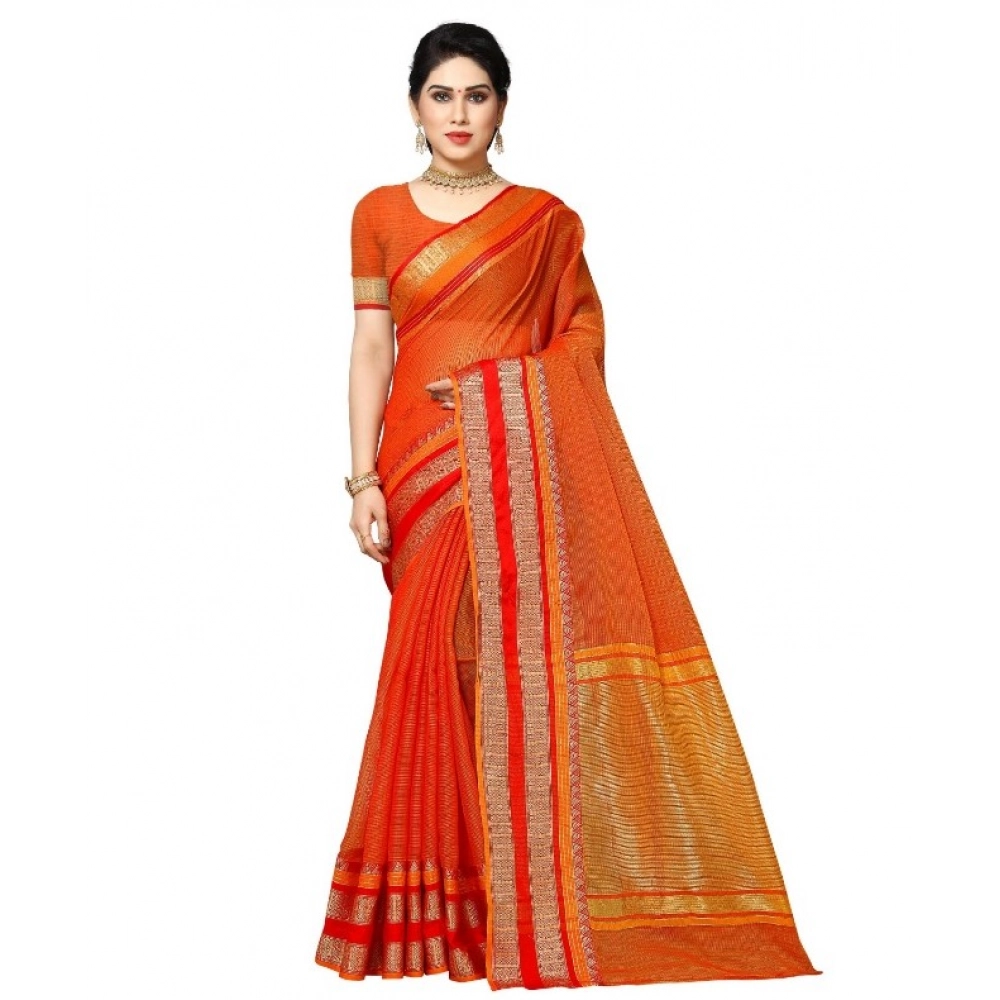 Women's Kota Doria Cotton Weaving Saree with Blouse – Orange