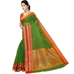 Women's Kota Doria Cotton Weaving Saree with Blouse – Green