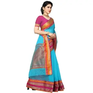 Women's Kota Doria Cotton Weaving Saree with Blouse – Sky Blue