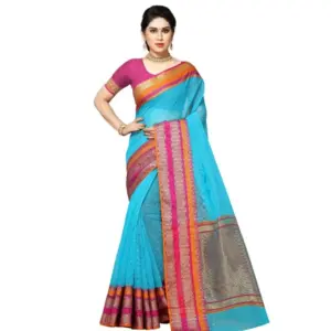 Women's Kota Doria Cotton Weaving Saree with Blouse – Sky Blue