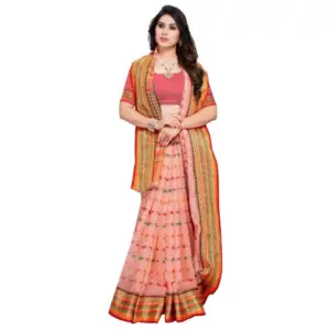 Women's Kota Doria Cotton Printed Saree with Blouse – Peach
