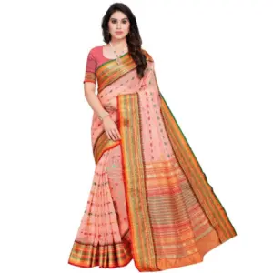 Women's Kota Doria Cotton Printed Saree with Blouse – Peach