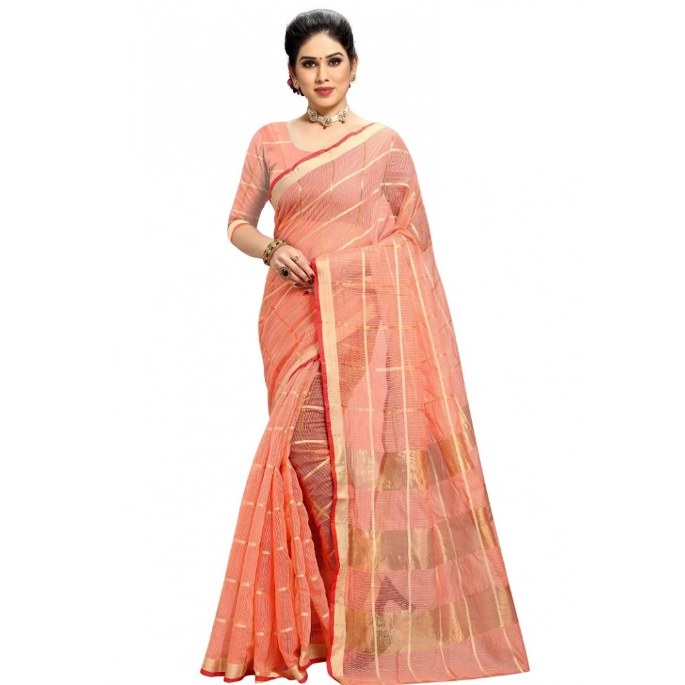 Women's Kota Doria Cotton Checked? Saree with Blouse – Peach