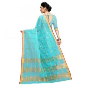 Women's Kota Doria Cotton Checked? Saree with Blouse – Sky Blue
