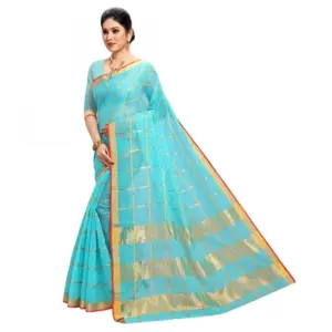 Women's Kota Doria Cotton Checked? Saree with Blouse – Sky Blue