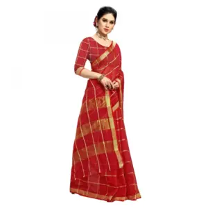 Women's Kota Doria Cotton Checked? Saree with Blouse – Red