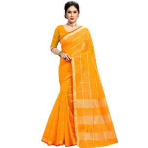 Women's Kota Doria Cotton Checked? Saree with Blouse – Yellow