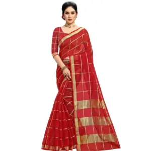Women's Kota Doria Cotton Checked? Saree with Blouse – Red