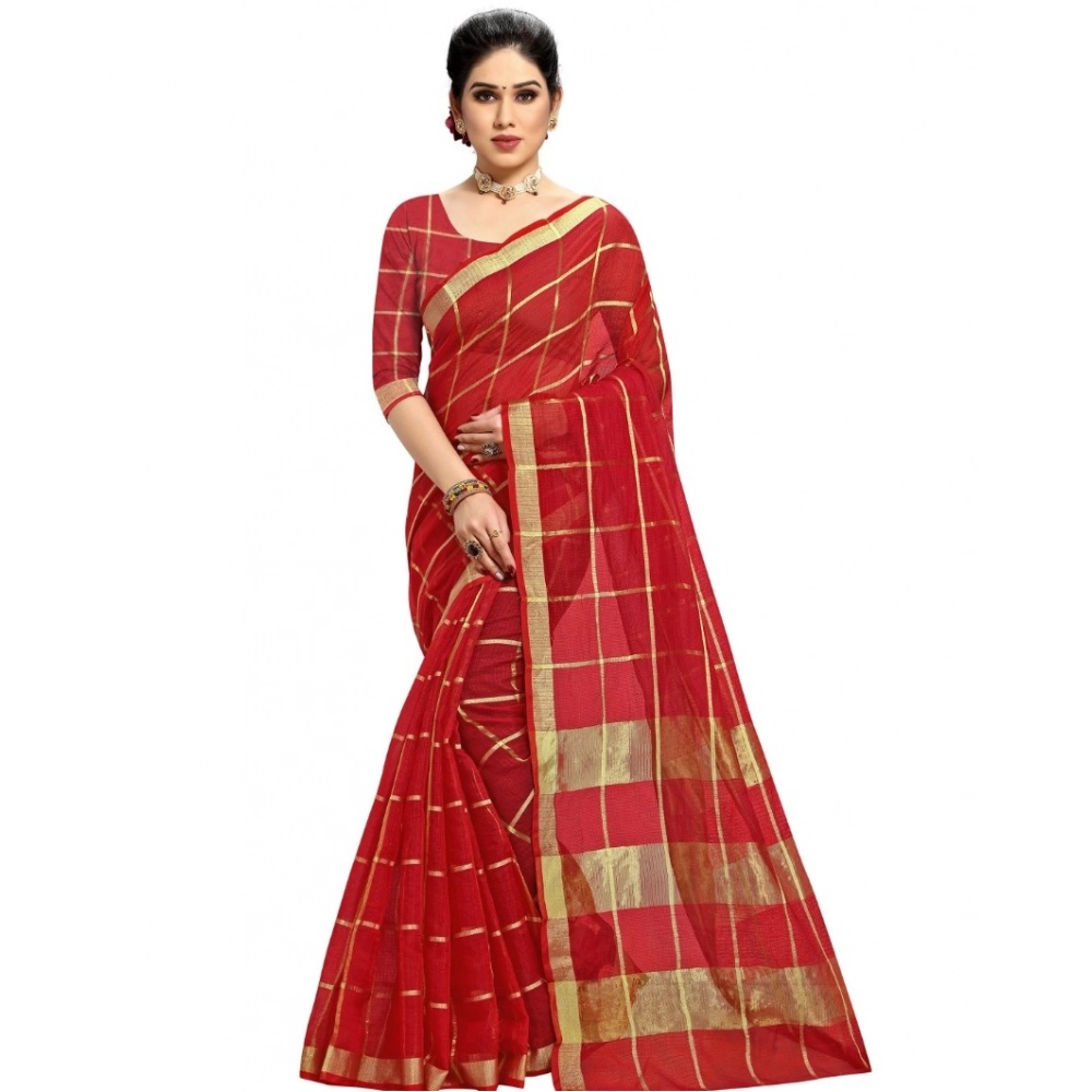 Women's Kota Doria Cotton Checked? Saree with Blouse – Red