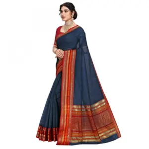 Women's Kota Doria Cotton Solid Saree with Blouse – Navy Blue