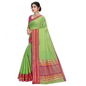 Women's Kota Doria Cotton Solid Saree with Blouse – Light Green