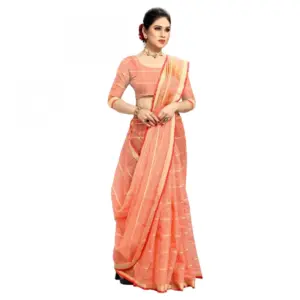 Women's Kota Doria Cotton Checked? Saree with Blouse – Peach