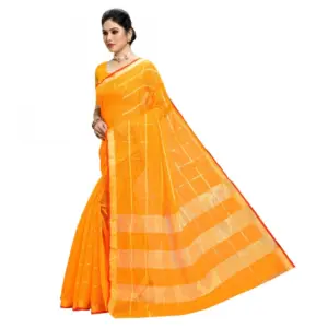 Women's Kota Doria Cotton Checked? Saree with Blouse – Yellow