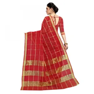 Women's Kota Doria Cotton Checked? Saree with Blouse – Red