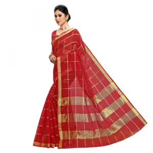Women's Kota Doria Cotton Checked? Saree with Blouse – Red