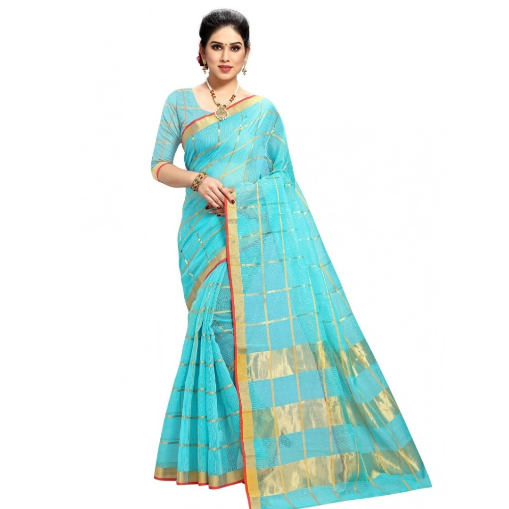 Women's Kota Doria Cotton Checked? Saree with Blouse – Sky Blue