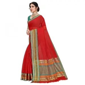 Women's Kota Doria Cotton Solid Saree with Blouse – Red
