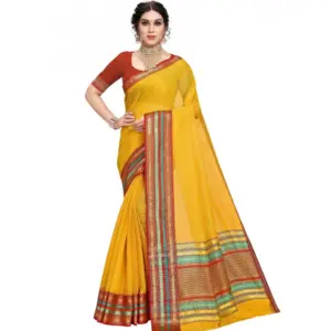Women's Kota Doria Cotton Solid Saree with Blouse – Yellow