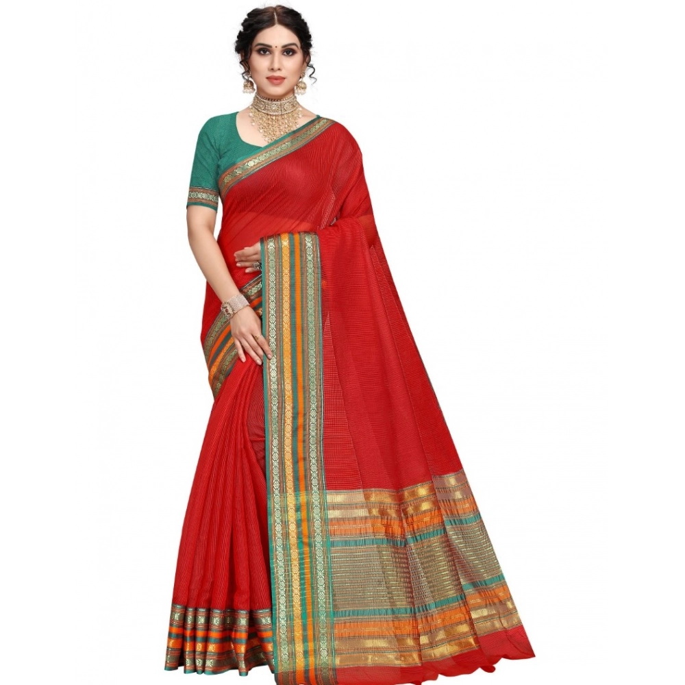 Women's Kota Doria Cotton Solid Saree with Blouse – Red