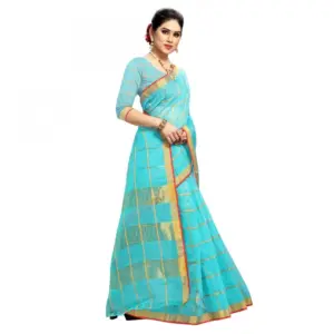 Women's Kota Doria Cotton Checked? Saree with Blouse – Sky Blue