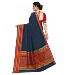 Women's Kota Doria Cotton Solid Saree with Blouse – Navy Blue