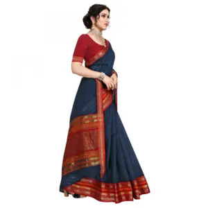 Women's Kota Doria Cotton Solid Saree with Blouse – Navy Blue