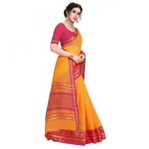 Women's Kota Doria Cotton Solid Saree with Blouse – Gold