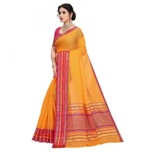 Women's Kota Doria Cotton Solid Saree with Blouse – Gold